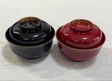 Vermilion and Black Lacquer Soup Bowls Set, Near Mint, Gold Edge, 2 pcs