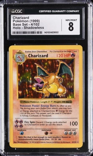 1999 POKMEON BASE SET SHADOWLESS #4 CHARIZARD CGC 8