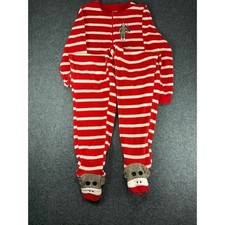 Nick  Nora Fleece Footed Pajamas Red White Striped Sock Monkey Sleepie Small