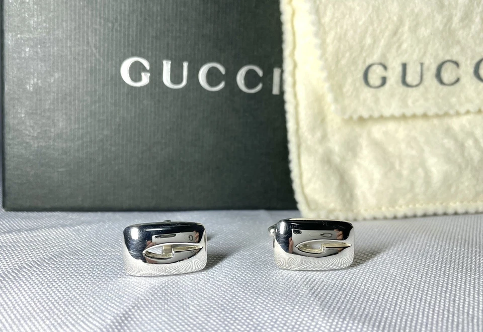 Autentici bellissimi gemelli Gucci logo G 3D SV925 argento sterling regalo - Immagine 2 di 4