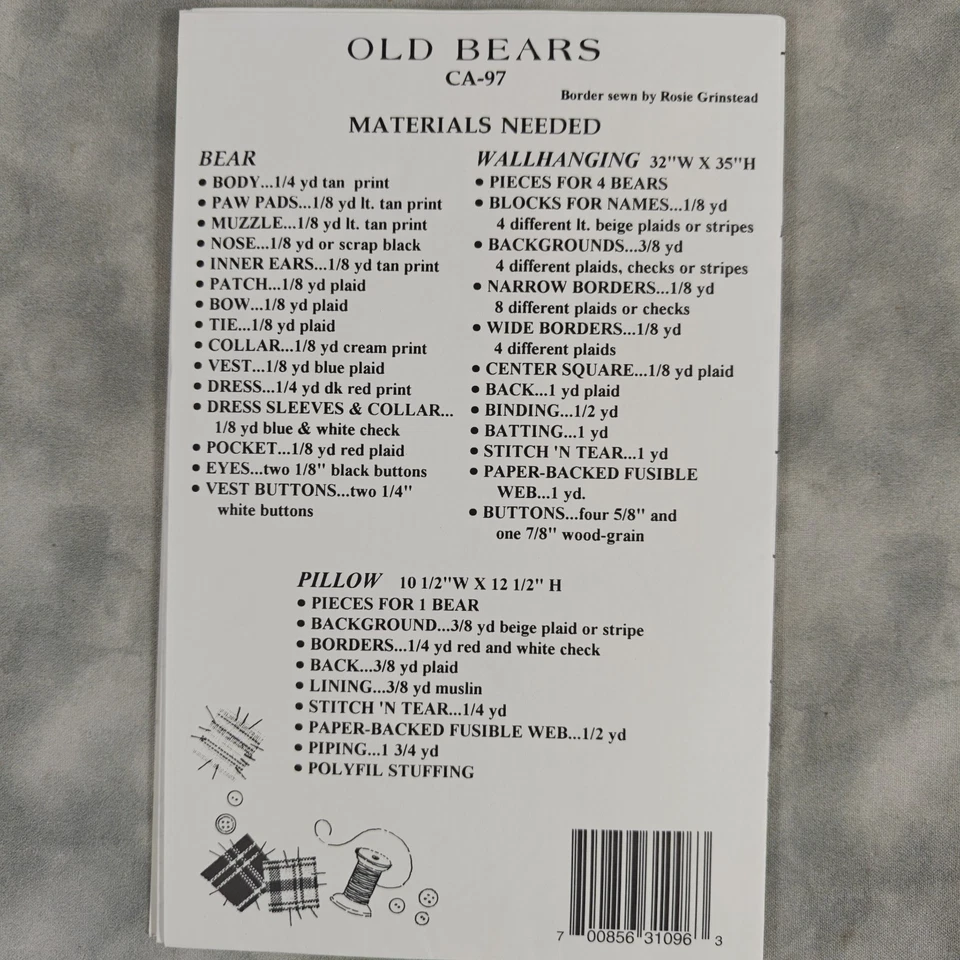 Country Appliques OLD BEARS CA-97 Quilt Wall Hanging & Pillow Pattern 1996 - Image 3 of 3