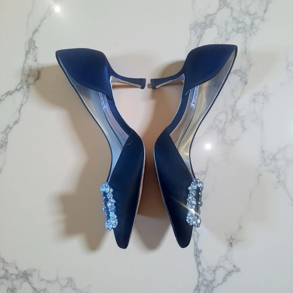 Badgley Mischka Cher 女式 6.5 黑色缎面水钻扣 - 超细高跟鞋!! — 第 4/4 张图片