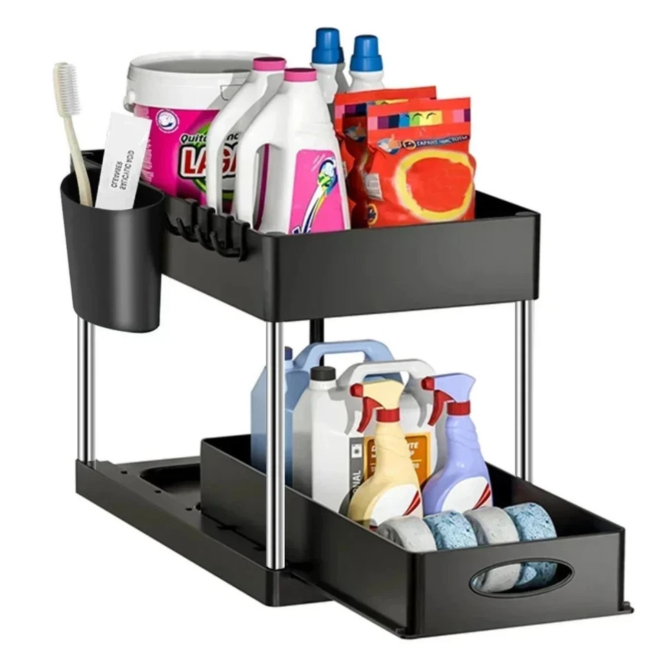 Under Sink Organizer 2-Tier Kitchen Storage Rack with Sliding Cabinet Drawer - Image 3 of 4