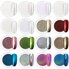 16Jars Chrome Nail Powder Magic White Pearl Kit Mirror Effect Silver Metallic...