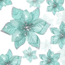 24 PCS Blue Green Glitter Poinsettia Clip-On Ornaments Christmas Tree Decor