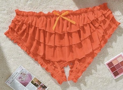 Tangerine Tiered Ruffle Open Bum Crotchless Soft Mesh Panties 1X 1XL NEW