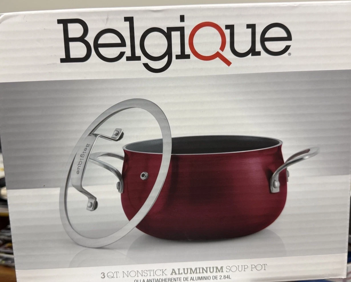 Belgique Aluminum 3 QT Quart Soup Pot w/Glass Lid Red Non Stick