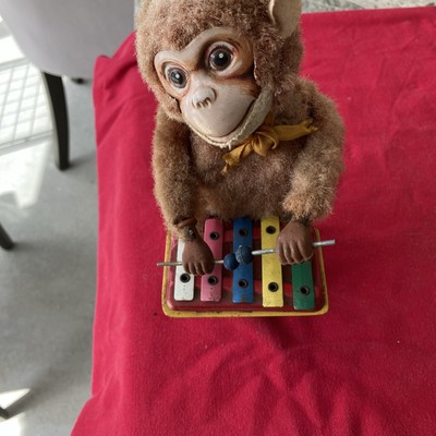 Vintage altes seltenes Aufzieh-Affe spielt Xylophon funktioniert nicht 