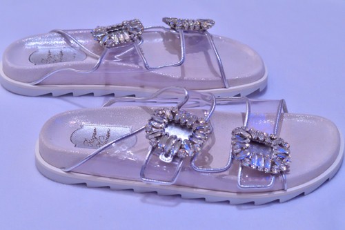 ROGER VIVIER Crystal Buckle Slide Sandals Silver PVC Flats UK 4 EU 37 Designer