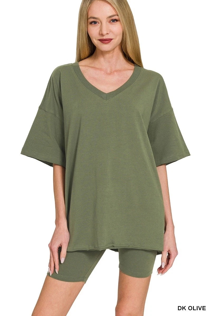 ZENANA - COTTON V-NECK TOP & BIKER SHORTS SET - DARK OLIVE - M
Opens in a new window or tab