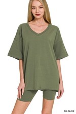 ZENANA - COTTON V-NECK TOP  BIKER SHORTS SET - DARK OLIVE - S