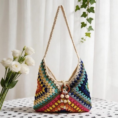 Handmade Crochet Bohemian Shoulder Bag Multicolor Beaded Charm Women s Medium