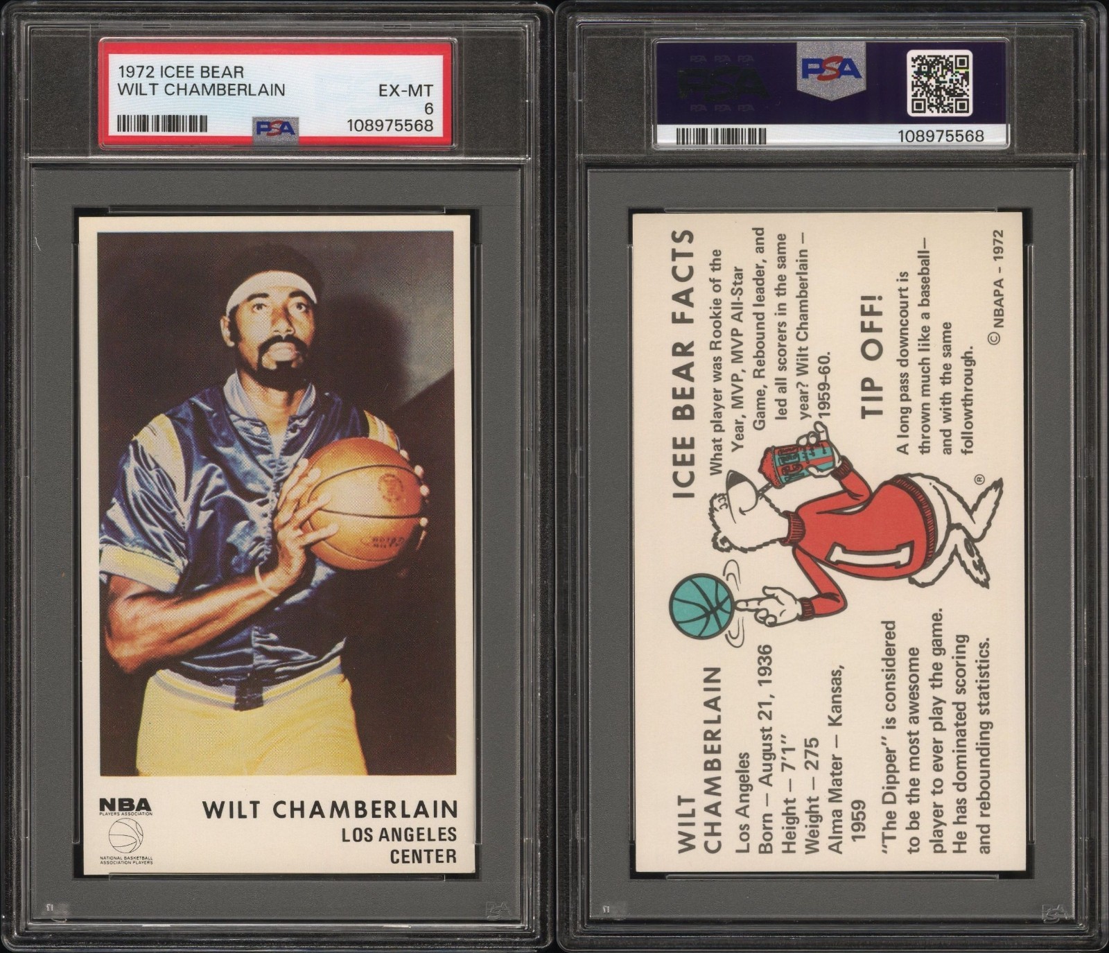 PSA 6 1972-73 Icee Bear #5 Wilt Chamberlain Los Angeles Lakers