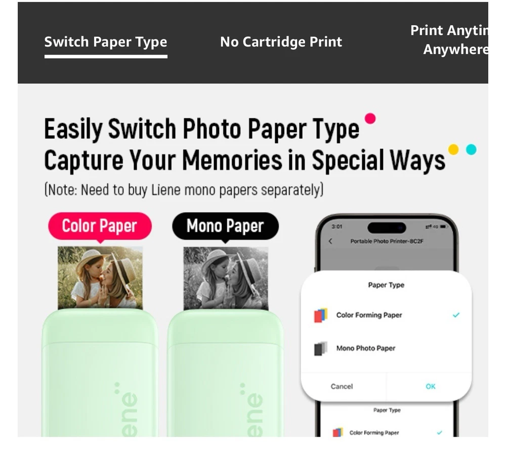 Liene 2x3 Green Mini Instant Portable Photo Printer with Mono Color