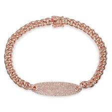 14K Rose Gold Diamond Chain Link Bracelet Cuban Rope ID Bar Round 0.56CT Pave