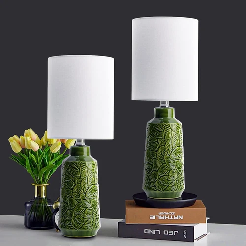 18”Ceramic Table Lamp Green Nightstand Pottery Lamp Set of 2 with White Sh