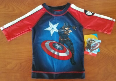 NEW BOYS MARVEL CAPTAIN AMERICA AVENGERS DISNEY STORE UPF 50 SWIM SHIRT  SIZE