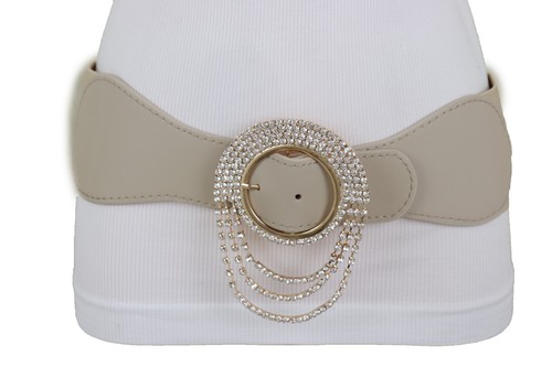Women Stretch Beige Fashion Wide Hip High Waist Belt Bling Gold Round Buckle S M - Picture 9 of 20
