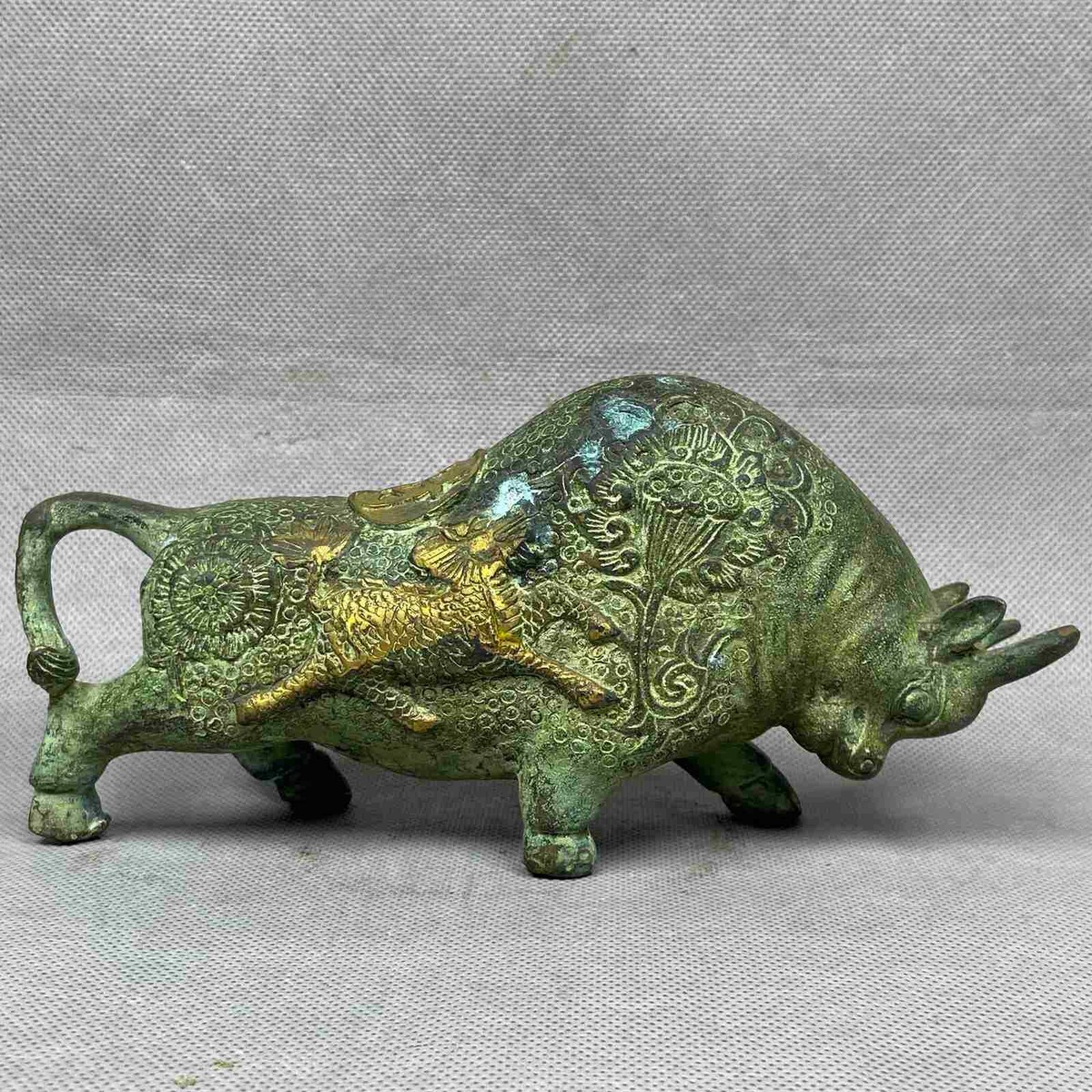 Vintage Chinese Bronze Gilded Feng Shui Bull Fortune Wealth Ox