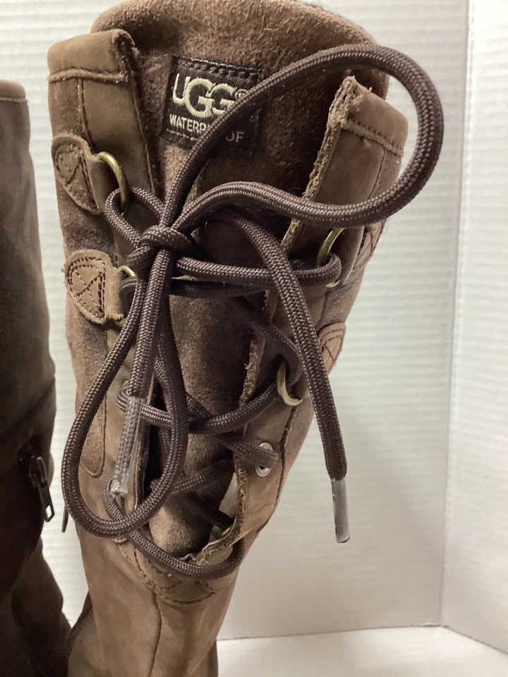 UGG Elsa 女式 9 码防水棕色皮革系带夏尔巴内衬 (1008438) — 第 3/4 张图片