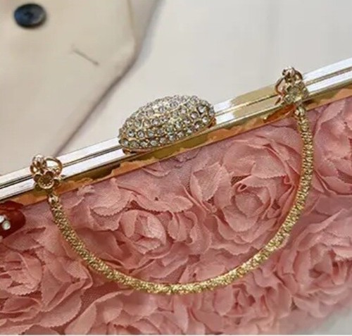 Women's Luxury Rose & Crystal Handbag Golden Trim Floral Clutch Handbag - Picture 5 of 13