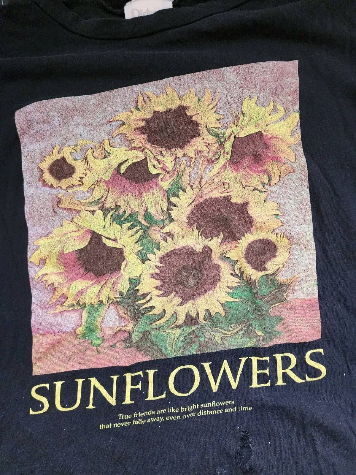 Dirtee Laundry Shirt Womens XL Black Sunflowers Graphic Tee DISTRESSED HOLES