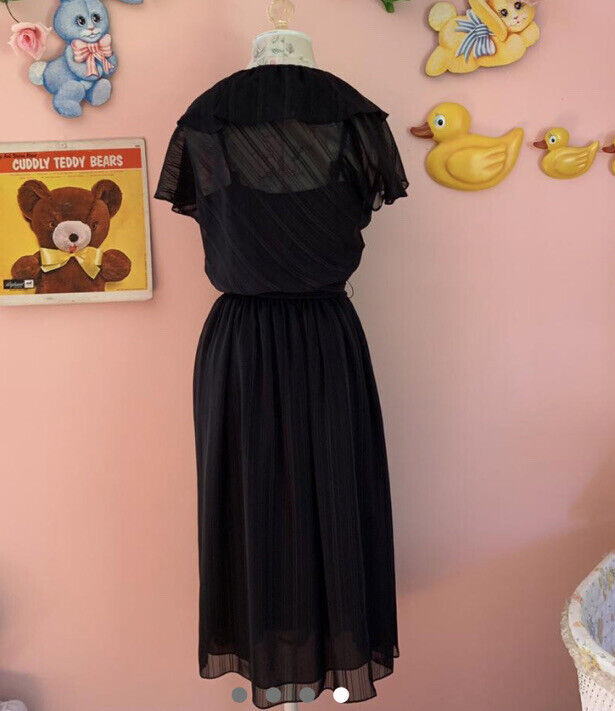 vintage 80s black ruffle feminine blouson dress S… - image 4