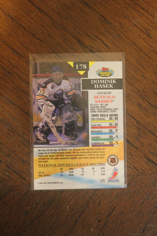 Topps Stadium Club 1993 primer día edición #178 Dominik Hasek Sabres Salón de la fama Foto 2 de 2