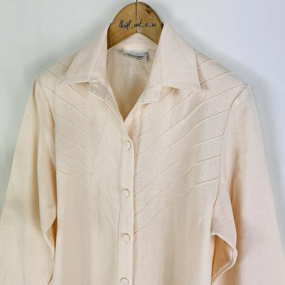 Blusa Top Costa Talla 10 Crema Pin Tuck Texturizado Tejido Manga Larga Abotonada Foto 2 de 4