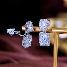 White No Ear Hole Design CZ Square Dangle Clip On Women Earring Without Piercing