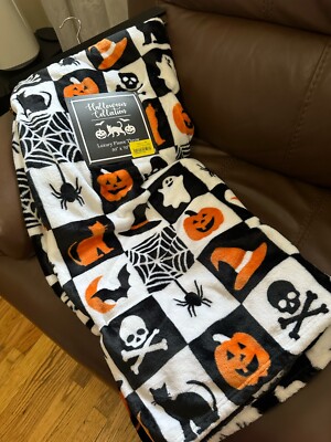 Halloween Collection Luxury Fleece Throw Ft Witches Hat, Pumpkin,ghost,bats,webs