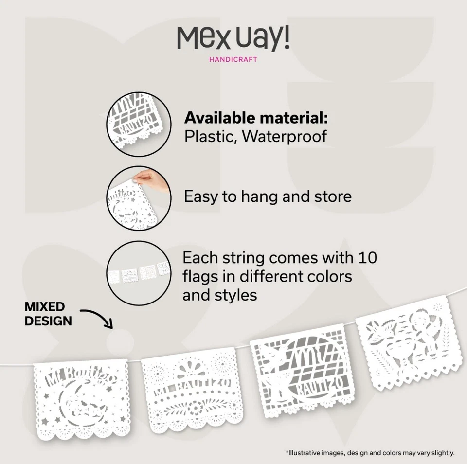 Banners de fiesta Bautizo ~ Paquete de 3 pancartas de 18 pies cada una - Papel de plástico Picado blanco Foto 3 de 4