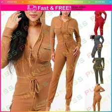 Women's Loungewear Rib Hooded Long Sleeve Top Pants Tracksuit Cargo Hoodie Set