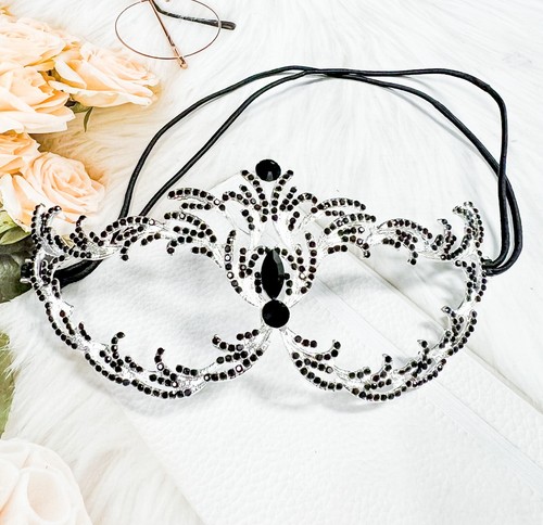 Black Crystal Masquerade Mask, Silver Party Mask, Prom Mask, Renaissance Mask - Picture 3 of 7