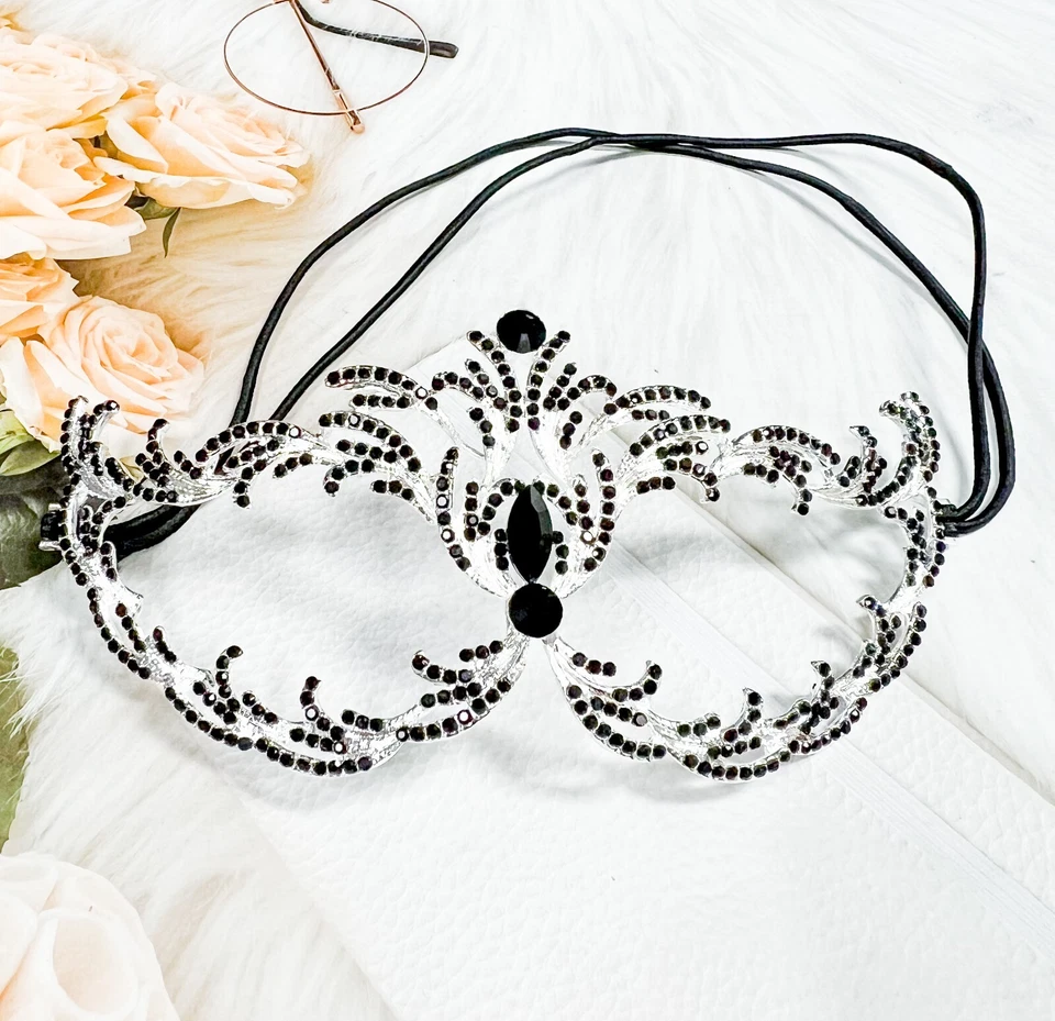Black Crystal Masquerade Mask, Silver Party Mask, Prom Mask, Renaissance Mask - Image 3 of 4