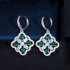 Geometric Flower Drop Dangle Huggie Earrings Women Silver Plated Zircon Jewelry