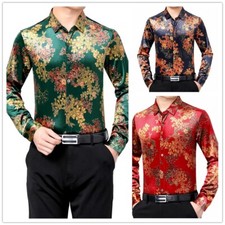 Men Velvet Floral Blouse Shirt Tops Casual Printed Flower Soft Long Sleeve