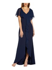 ADRIANNA PAPELL Womens Navy Hi-lo Hem Lined Flutter Sleeve Formal Gown Dress 4