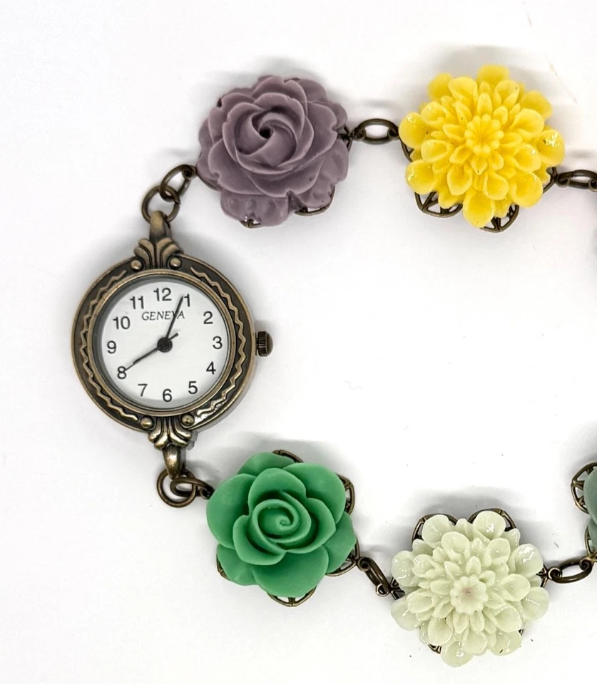 Handcrafted Bronze Geneva Ladies Watch with Resin Flower Band Item #1071 - Image 2 of 3