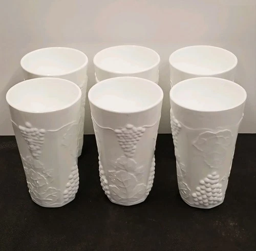 Set of 6 Milk Glass TUMBLERS ~ Indiana Harvest Grape ~ 16 oz. Water Glass ~ Vtg.