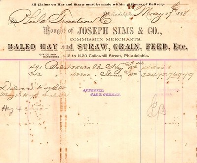1888 Philadelphia Hay Straw Invoice Joseph Sims Co Traction Company Streetcar