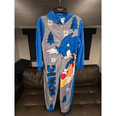 Sonic The Hedgehog Kids Blue Grey Fleece Hooded One Piece Pajama Union Suit M 8