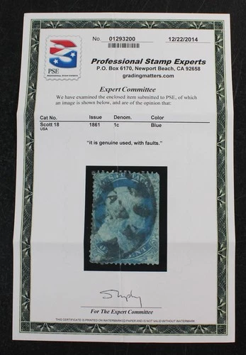 CKStamps: US Stamps Collection Scott#18 1c Franklin Used PSE Cert
