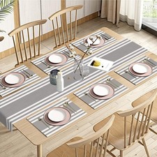 White Grey Stripes Table Runner And Placemats Geometric Dining Set 7 PCS