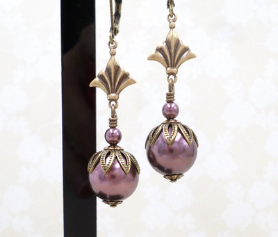 Plum Purple Pearl Art Deco Style Antique Brass Handmade Large Dangle Earrings