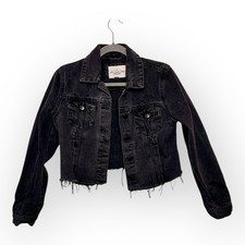 Ashley Vintage Charm Black Cropped Denim Jacket Raw Hem Retro Preppy Small