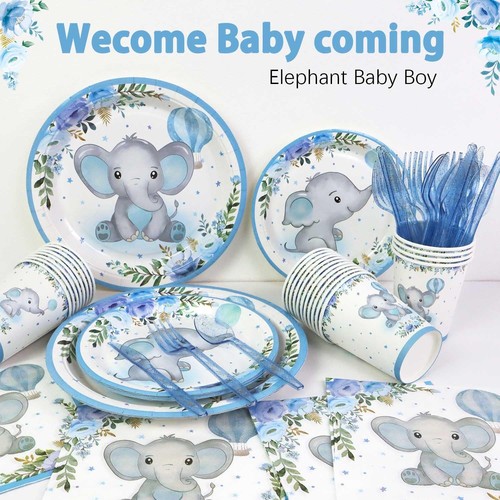 175Pcs Baby Boy Shower Decorations Plates Set for 25 Guests, Elephant Baby Sh... - Picture 4 of 6