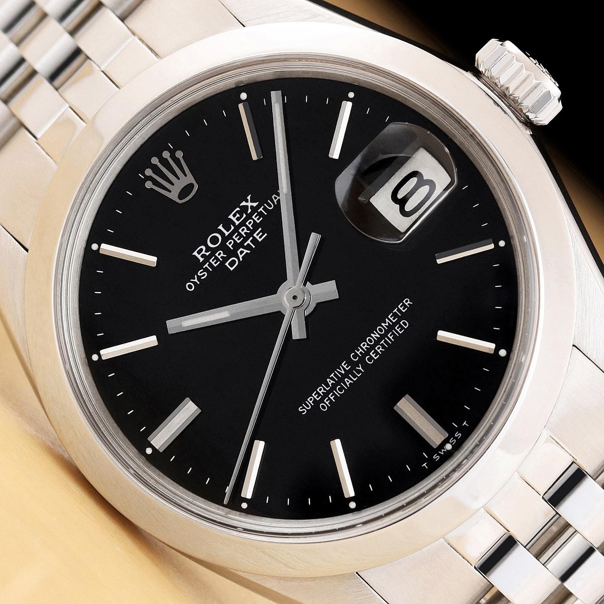 ROLEX OYSTER PERPETUAL DATE 1500 STAINLESS STEEL BLACK DIAL 34MM 