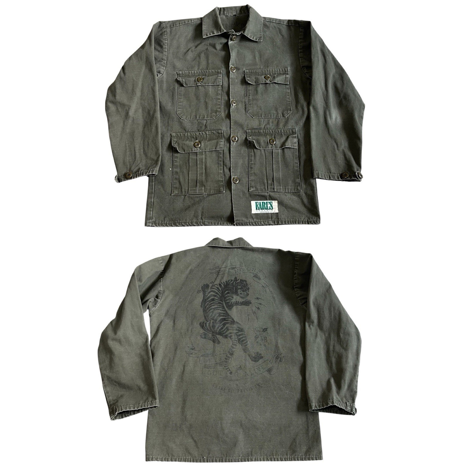 Provisions X Earls Apparel Army Fatigue Chore Jacket Sz S Tiger Print