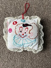 Miniature Handmade Embroidered Clown Pillow Ornament Hand Stitched Vintage Decor
